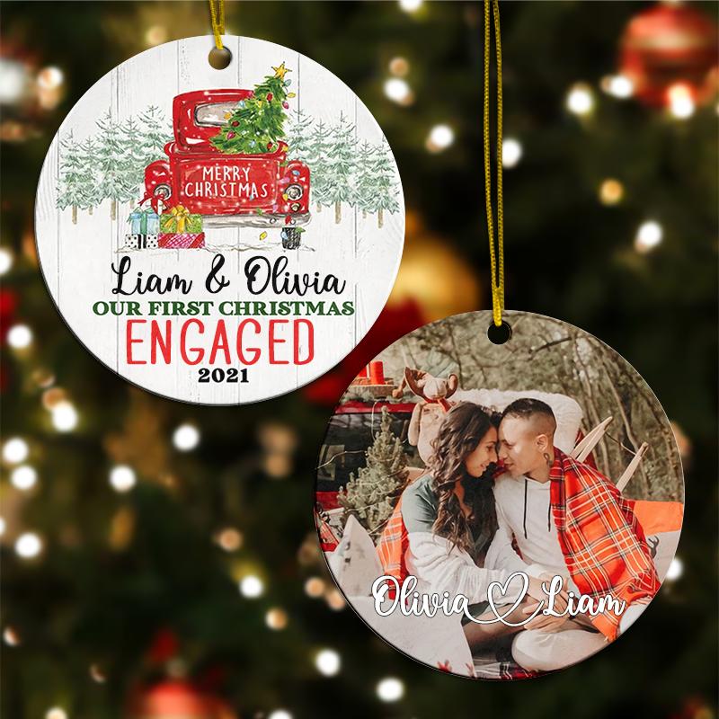 Personalized Engagement Red Truck Ornament | Ceramic Ornament | First Christmas Engaged Gift Couple | Engagement Christmas Ornaments