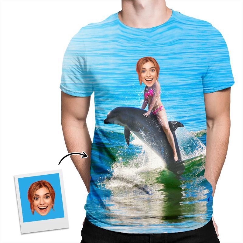 Ride A Dolphin Custom Face Funny All Over Print Tshirt | Dolphin Lovers Gift | Personalized Funny All Over Print Tshirt - Thegiftio