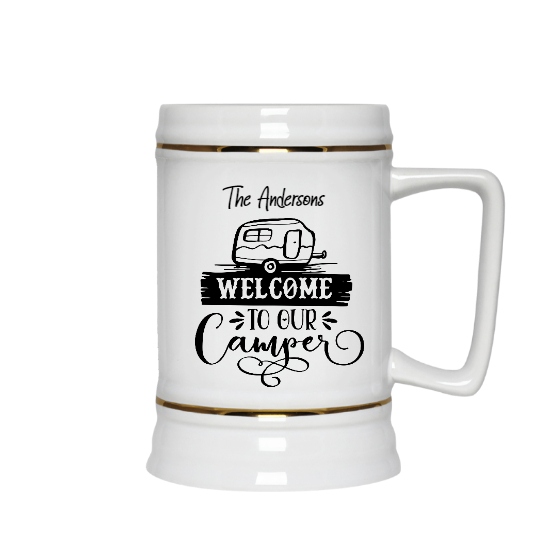 Custom Welcome To Our Camper Ceramic Beer Stein | Birthday Gift For Campers | Personalized Camping Ceramic Beer Stein - Seseable