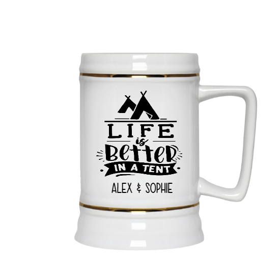 Custom Life Is Better In A Tent Ceramic Beer Stein | Birthday Gift For Camper | Personalized Camping Ceramic Beer Stein - Seseable