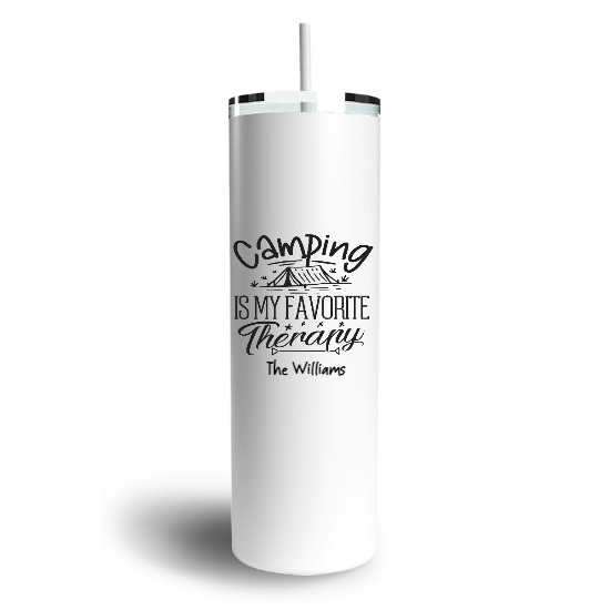 Custom Camping My Favorite Therapy Skinny Tumbler | Birthday Gift For Camping Lovers | Personalized Camping Skinny Tumbler - Seseable