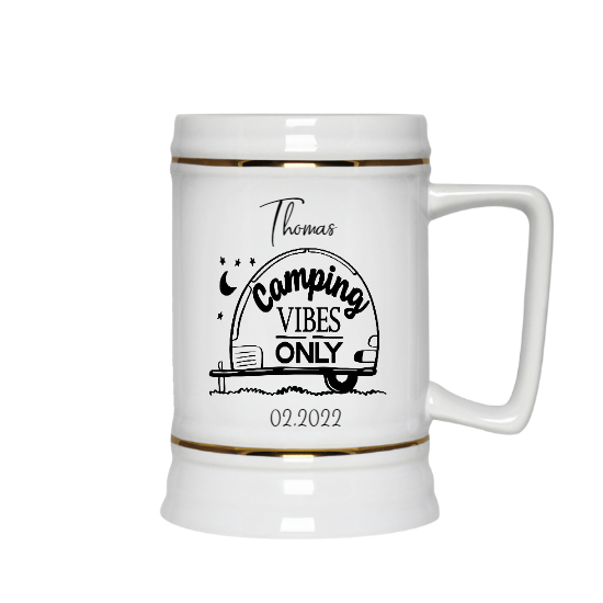 Custom Camping Vibes Only Ceramic Beer Stein | Birthday Gift For Camping Lovers | Personalized Camping Ceramic Beer Stein - Seseable