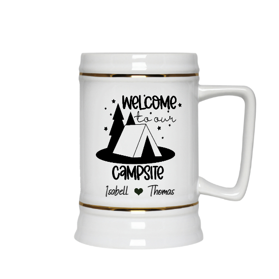 Custom Welcome To Our Campsite Ceramic Beer Stein | Birthday Gift For Campers | Personalized Camping Ceramic Beer Stein - Seseable