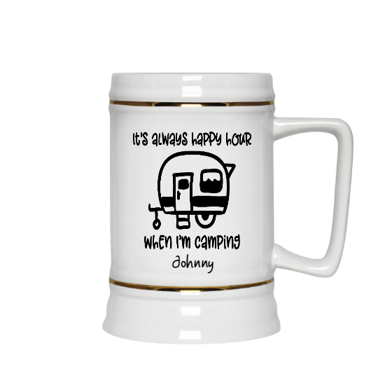 Custom Happy Hour When Im Camping Ceramic Beer Stein | Birthday Gift For Campers | Personalized Camping Ceramic Beer Stein - Seseable