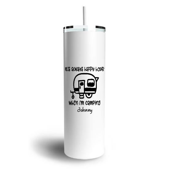 Custom Happy Hour When Im Camping Skinny Tumbler | Birthday Gift For Campers | Personalized Camping Skinny Tumbler - Seseable