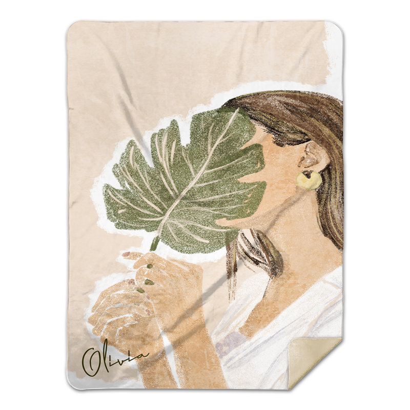 Custom Woman Watercolor Green Leaf Blanket, Custom Name, Boho Style, Personalized Boho Blanket | Seseable FR
