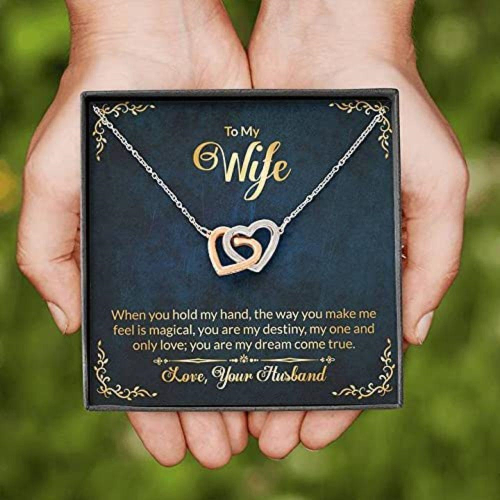 Wife Necklace , Necklace For Wife , To My Wife In Navy And Gold Interlocking Hearts Necklace