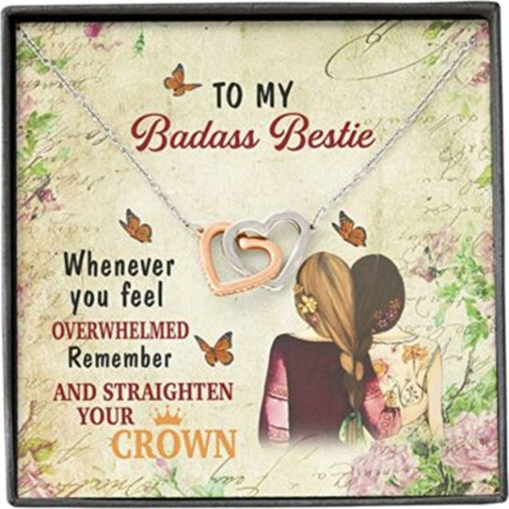 Friend Necklace, To My Badass Bestie Butterfly Flower Overwhelmed Straighten Crown Necklace - Thegiftio UK