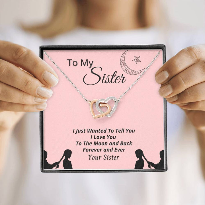 To My Sister "Moon And Back" Interlocking Heart Necklace
