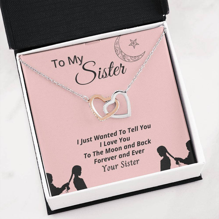 To My Sister "Moon And Back" Interlocking Heart Necklace