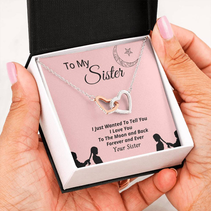 To My Sister "Moon And Back" Interlocking Heart Necklace