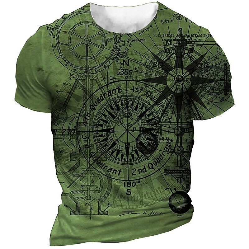 Men Unisex T Shirt Tee 3D Print Graphic Prints Compass Crew Neck Street Daily Print Short Sleeve Tops Casual Designer Big And Tall Sports Green Blue Gray Men 3D Print Casual Tshirt - Monsterry