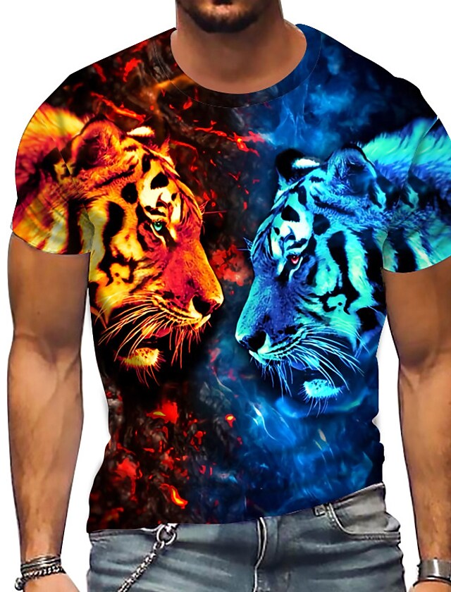 Mens T Shirt Tee 3D Print Tiger Animal Crew Neck Street Casual