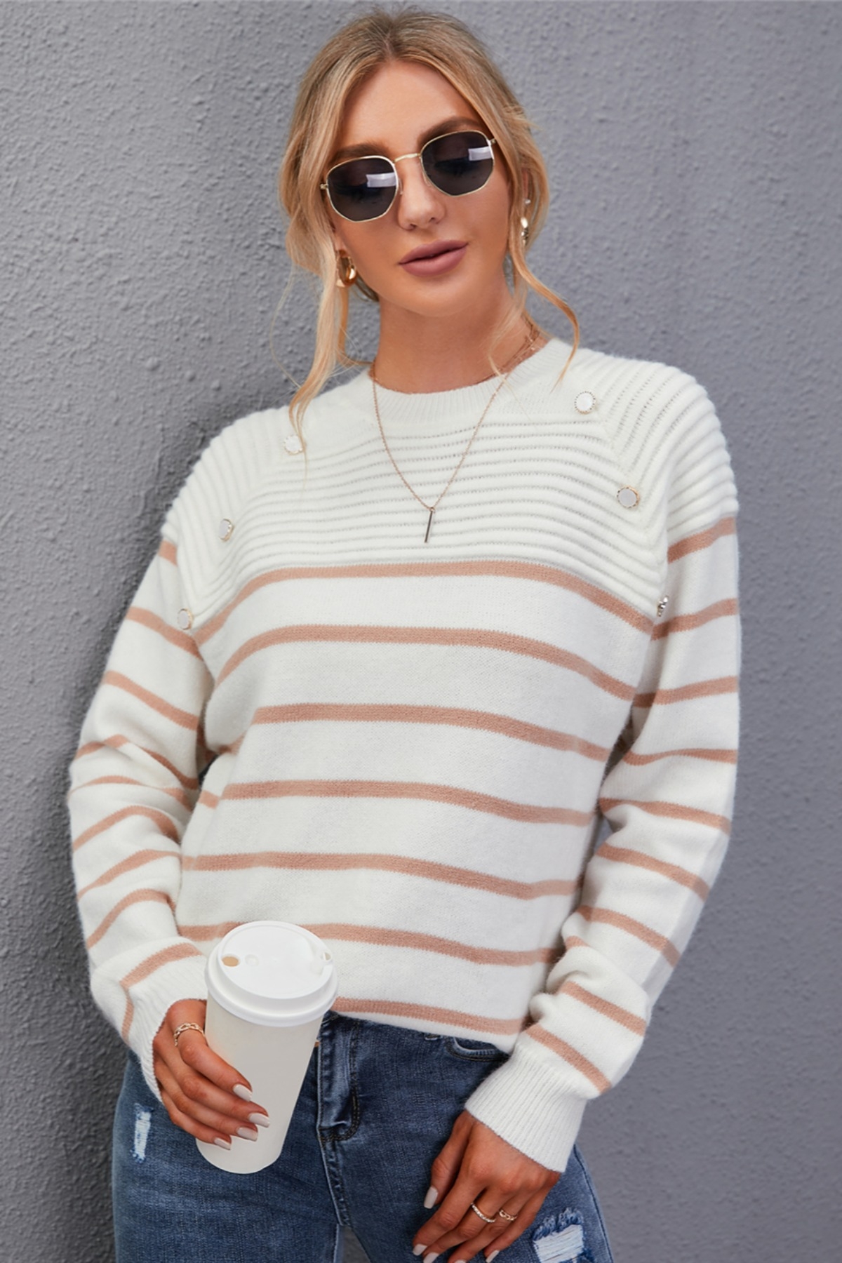 Autumn New Three Colors Knitted Stretch Button Decor Stylish Minimalist Sweater