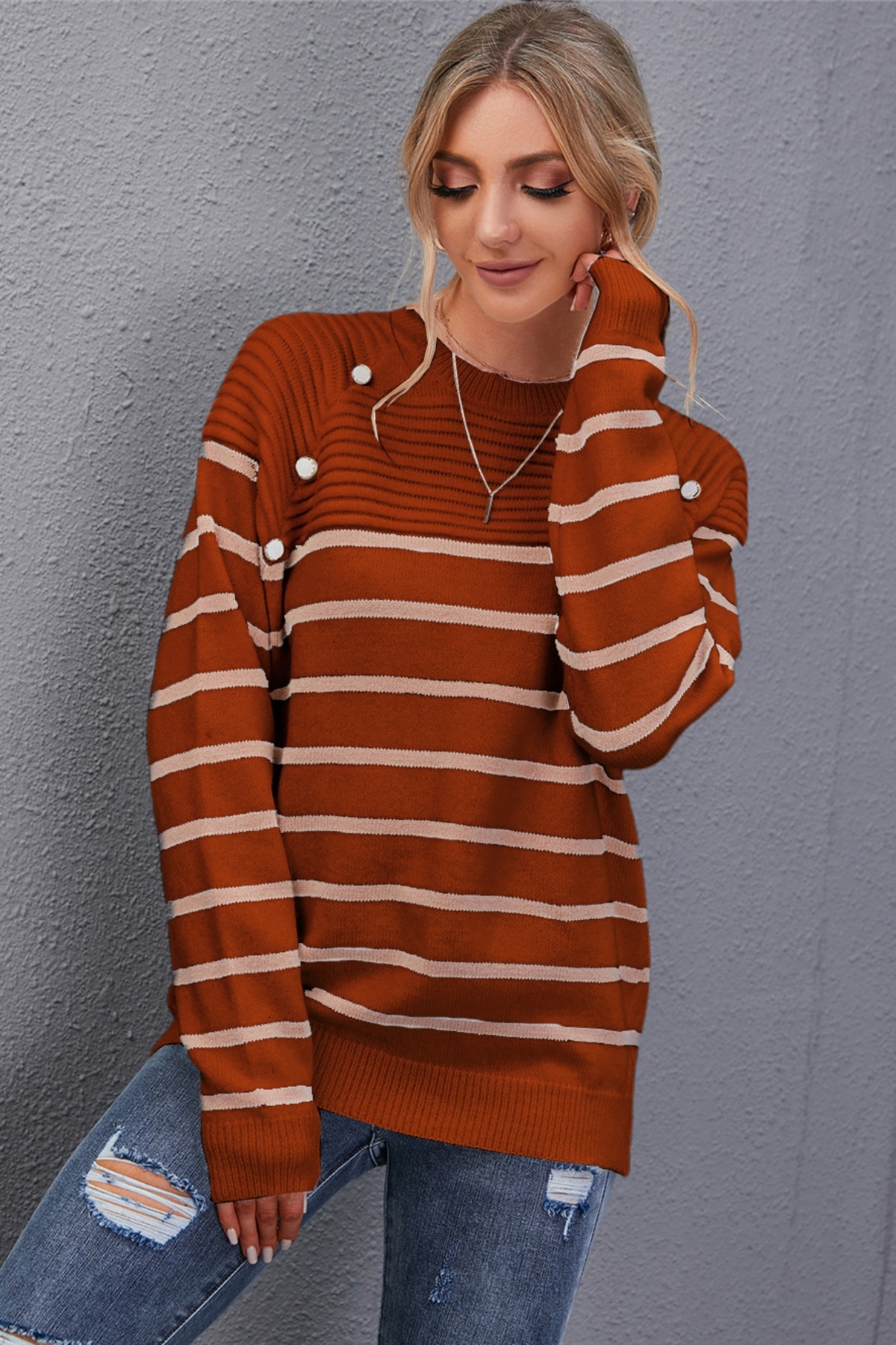 Autumn New Three Colors Knitted Stretch Button Decor Stylish Minimalist Sweater