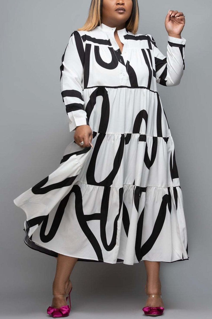 Xl-5Xl Autumn Plus Size Fixed Printing Inelastic Long-Sleeve Button Casual Midi Shirtdress - Vougese