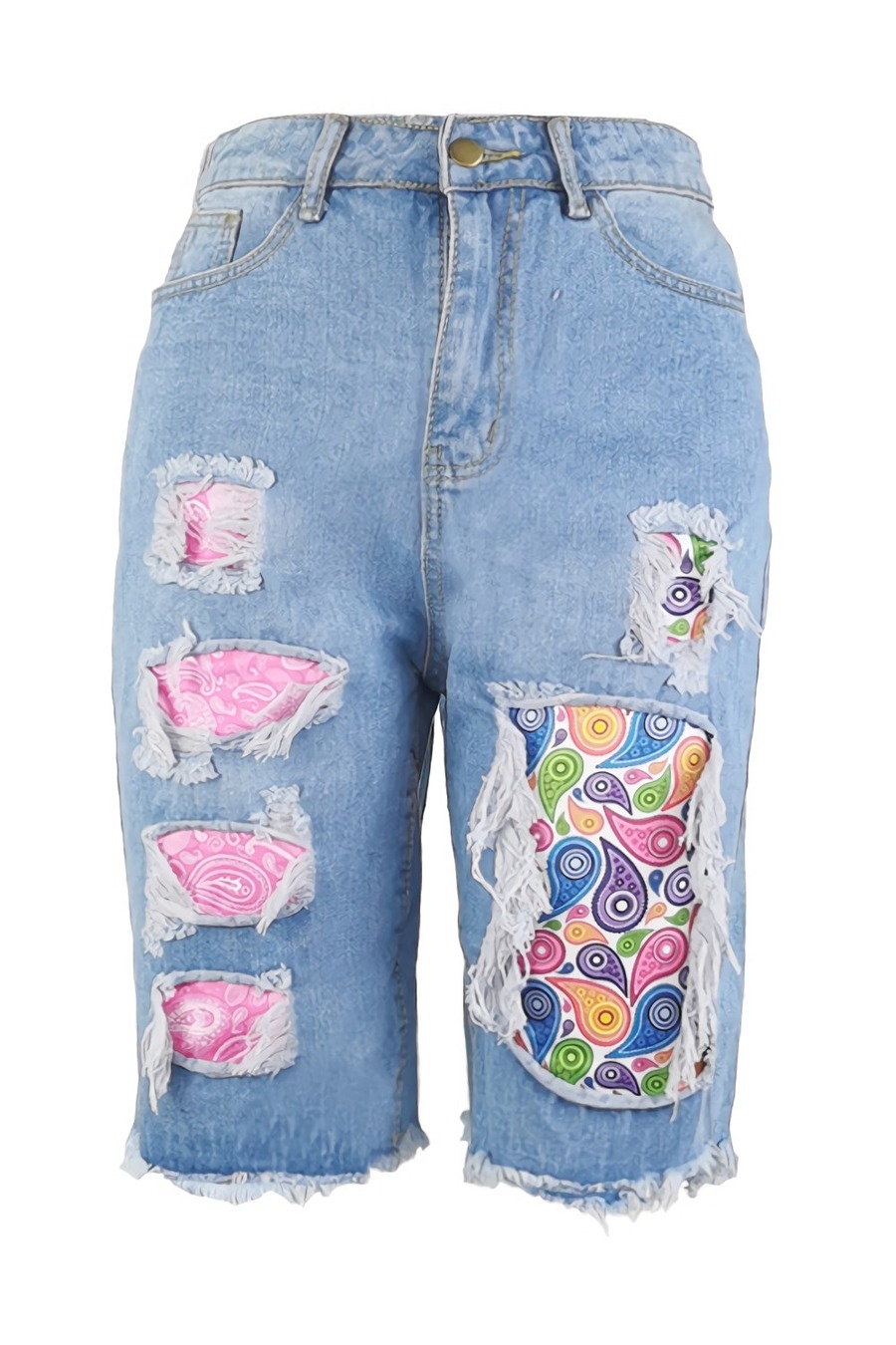 S-3Xl Summer New Plus Size Micro-Elastic Patch Design Raw Hem Pockets Button Zip-Up Casual Trend Denim Shorts