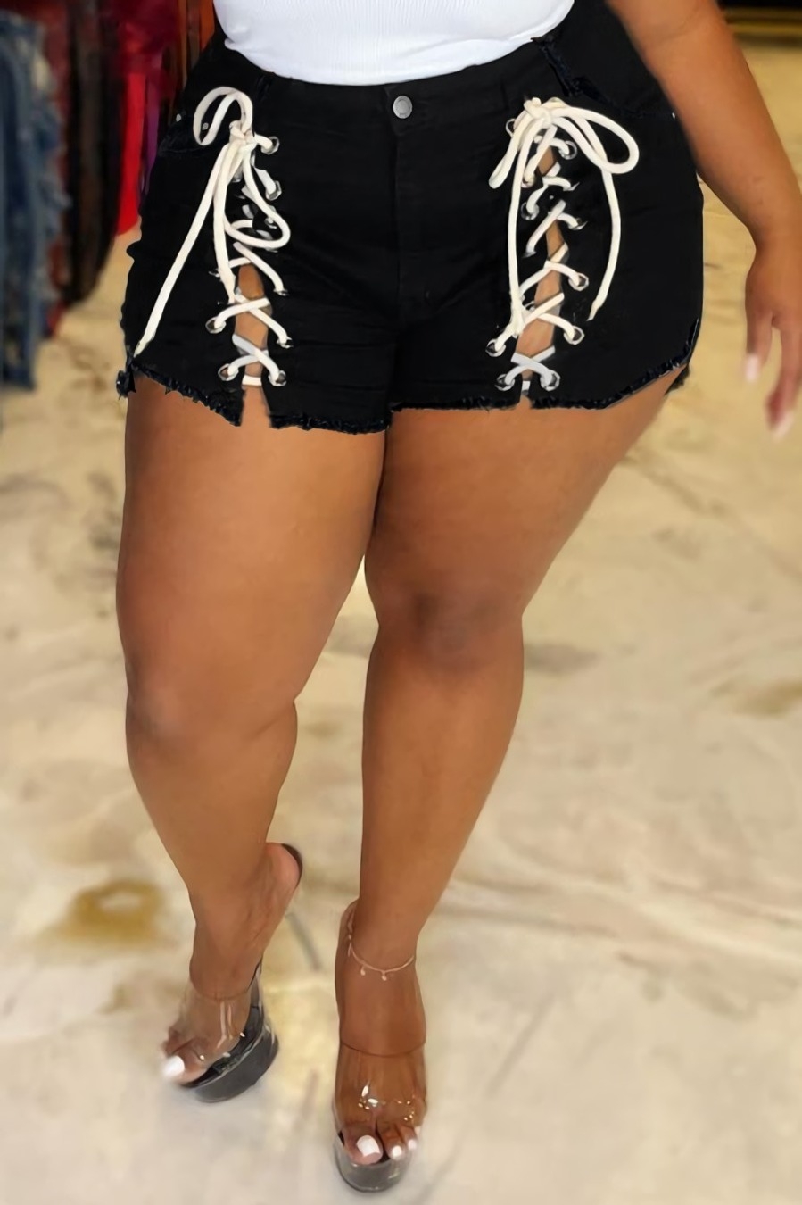 L-3Xl Summer New Plus Size Micro-Elastic Hollow Eyelet Lace-Up Button Zip-Up Stylish Denim Shorts - Vougese