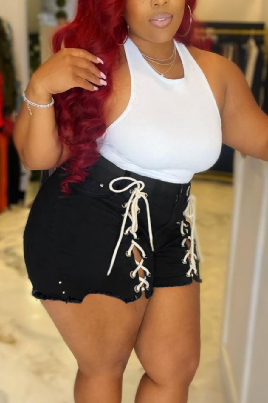 L-3Xl Summer New Plus Size Micro-Elastic Hollow Eyelet Lace-Up Button Zip-Up Stylish Denim Shorts