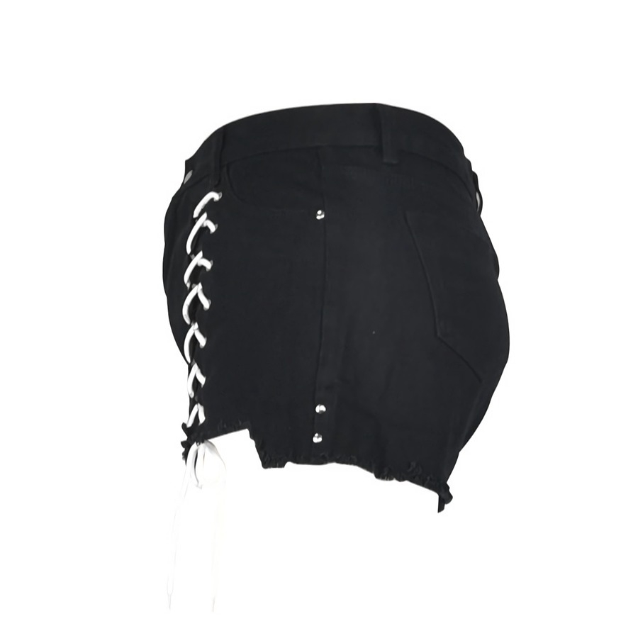 L-3Xl Summer New Plus Size Micro-Elastic Hollow Eyelet Lace-Up Button Zip-Up Stylish Denim Shorts