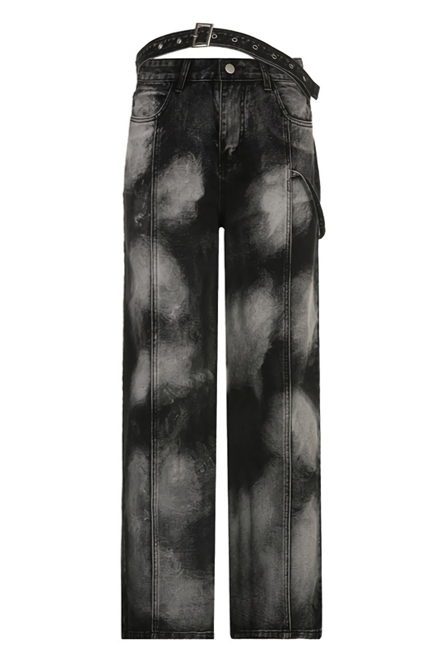 Spring New Inelastic Tie-Dyed Printing Button Zip-Up Pocket With Belt Fashion Denim Pants - Vougese