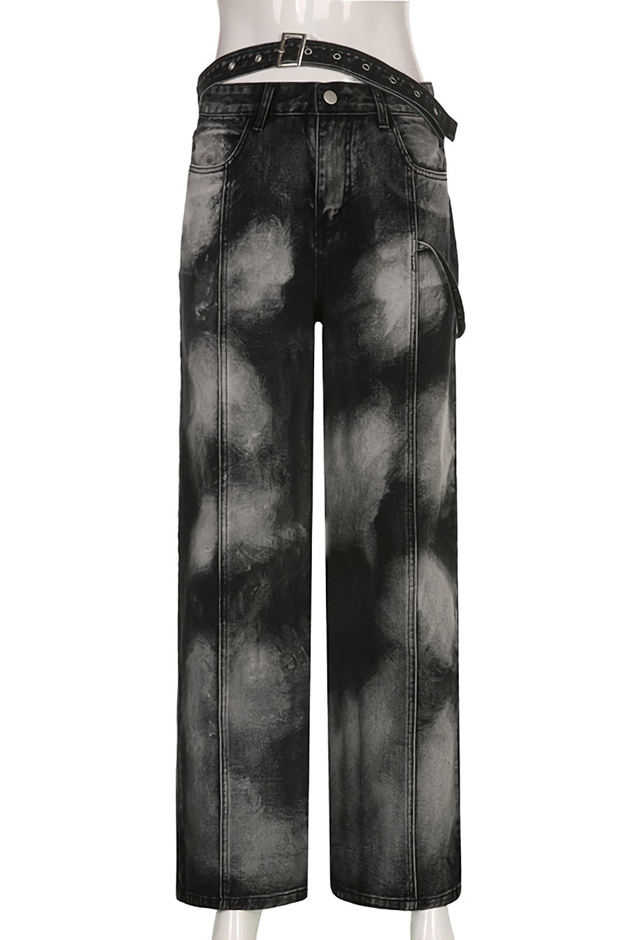 Spring New Inelastic Tie-Dyed Printing Button Zip-Up Pocket With Belt Fashion Denim Pants