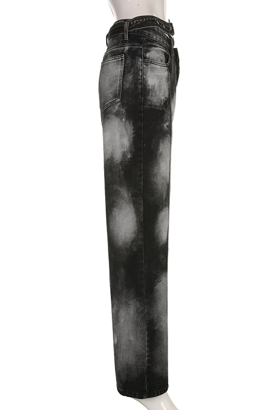 Spring New Inelastic Tie-Dyed Printing Button Zip-Up Pocket With Belt Fashion Denim Pants