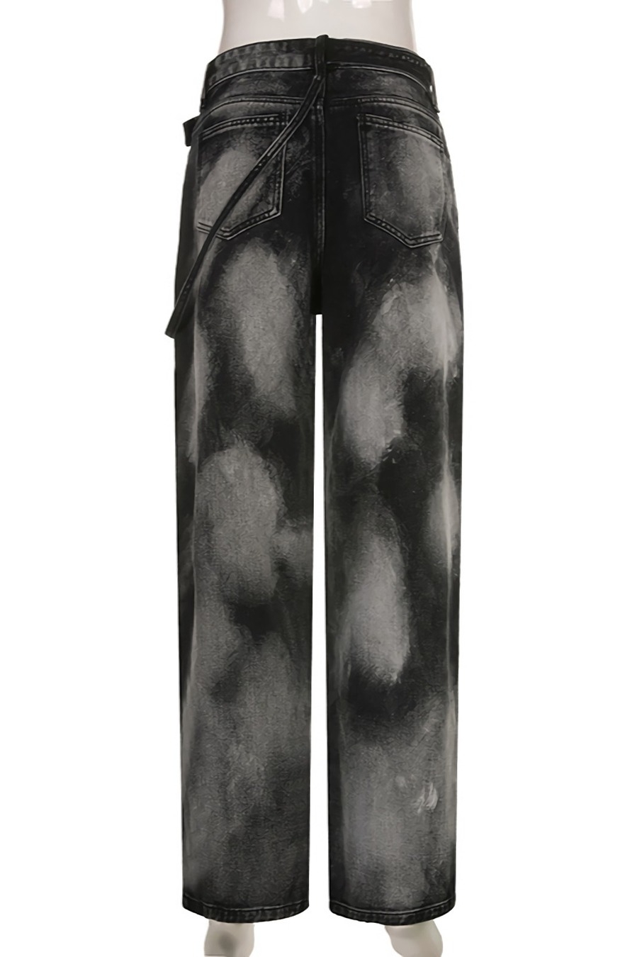 Spring New Inelastic Tie-Dyed Printing Button Zip-Up Pocket With Belt Fashion Denim Pants