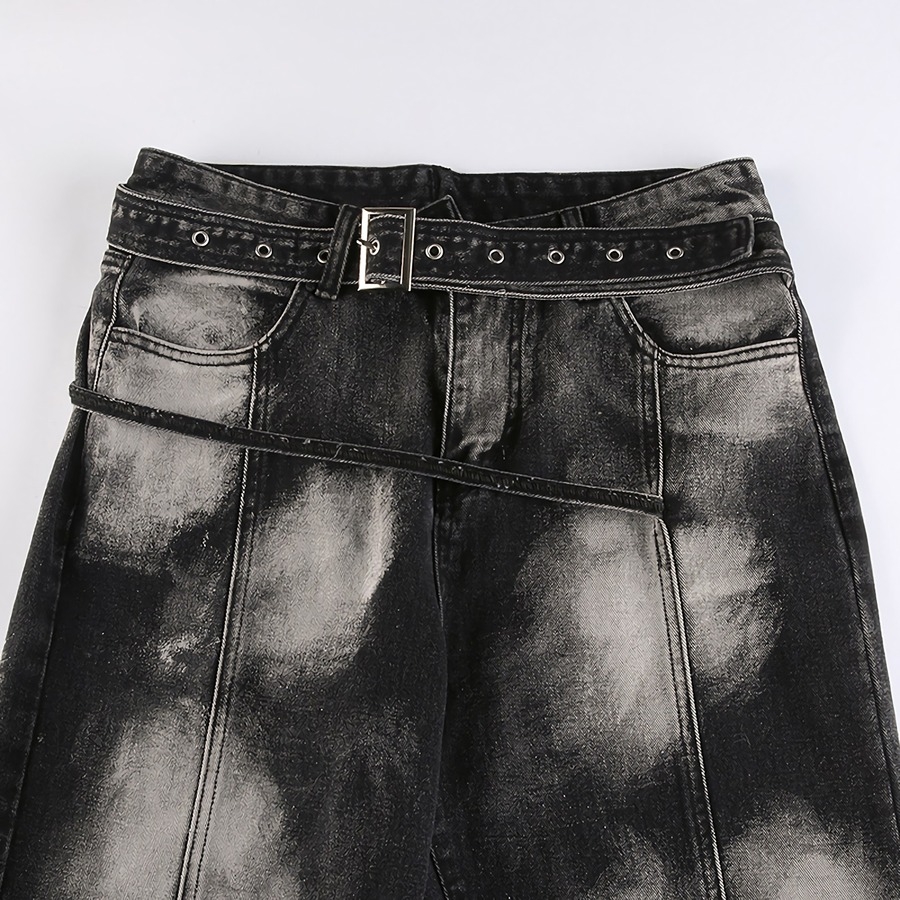Spring New Inelastic Tie-Dyed Printing Button Zip-Up Pocket With Belt Fashion Denim Pants
