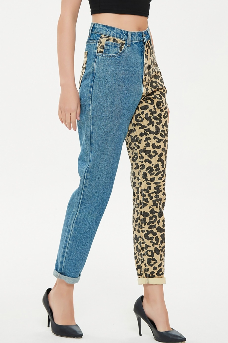 Xs-2Xl Plus Size Spring New Inelastic Contrast Color Spliced Leopard Printing Zip-Up Pocket Button Straight Fashion Denim Jeans