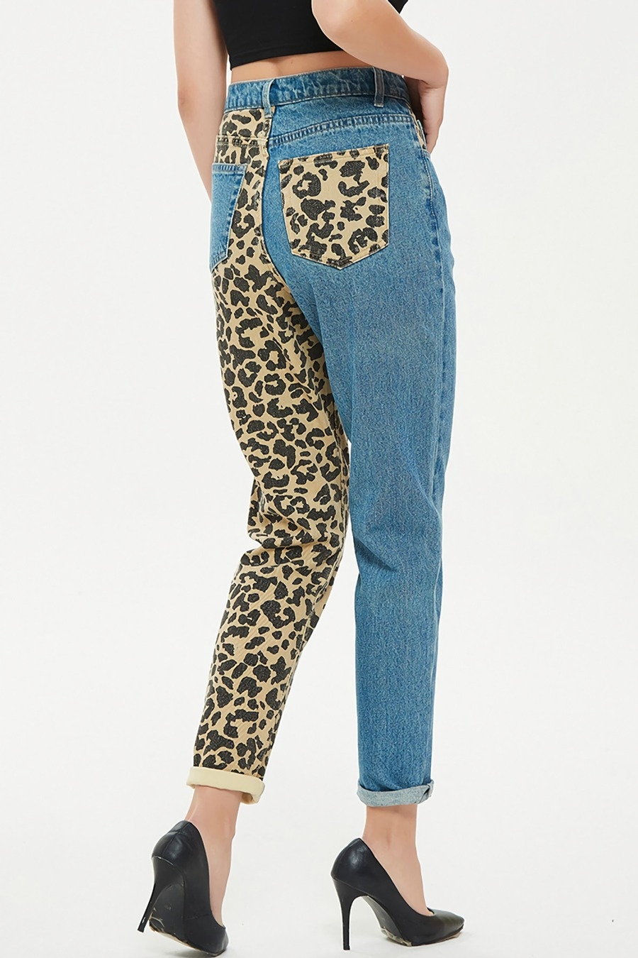 Xs-2Xl Plus Size Spring New Inelastic Contrast Color Spliced Leopard Printing Zip-Up Pocket Button Straight Fashion Denim Jeans