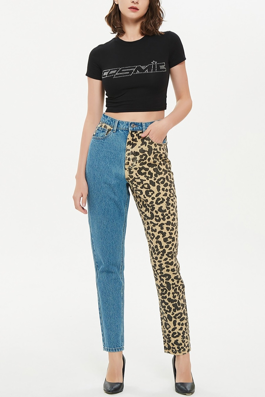 Xs-2Xl Plus Size Spring New Inelastic Contrast Color Spliced Leopard Printing Zip-Up Pocket Button Straight Fashion Denim Jeans
