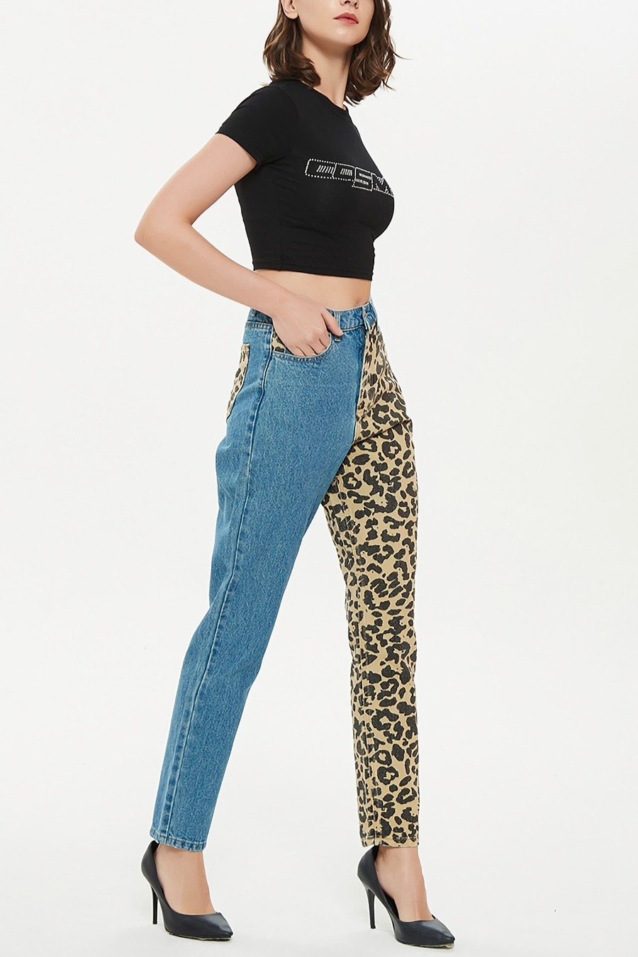 Xs-2Xl Plus Size Spring New Inelastic Contrast Color Spliced Leopard Printing Zip-Up Pocket Button Straight Fashion Denim Jeans