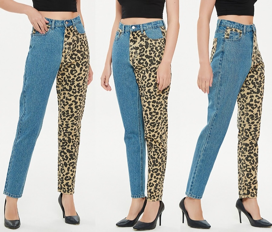 Xs-2Xl Plus Size Spring New Inelastic Contrast Color Spliced Leopard Printing Zip-Up Pocket Button Straight Fashion Denim Jeans