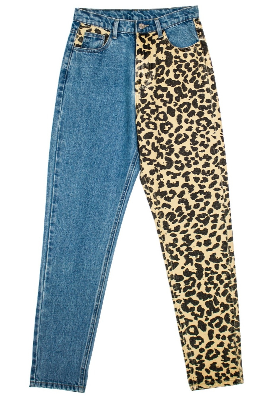 Xs-2Xl Plus Size Spring New Inelastic Contrast Color Spliced Leopard Printing Zip-Up Pocket Button Straight Fashion Denim Jeans