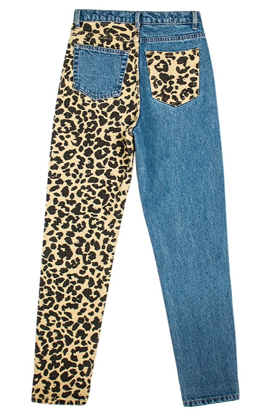 Xs-2Xl Plus Size Spring New Inelastic Contrast Color Spliced Leopard Printing Zip-Up Pocket Button Straight Fashion Denim Jeans