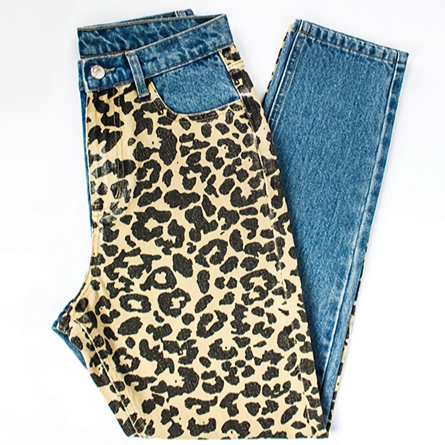 Xs-2Xl Plus Size Spring New Inelastic Contrast Color Spliced Leopard Printing Zip-Up Pocket Button Straight Fashion Denim Jeans