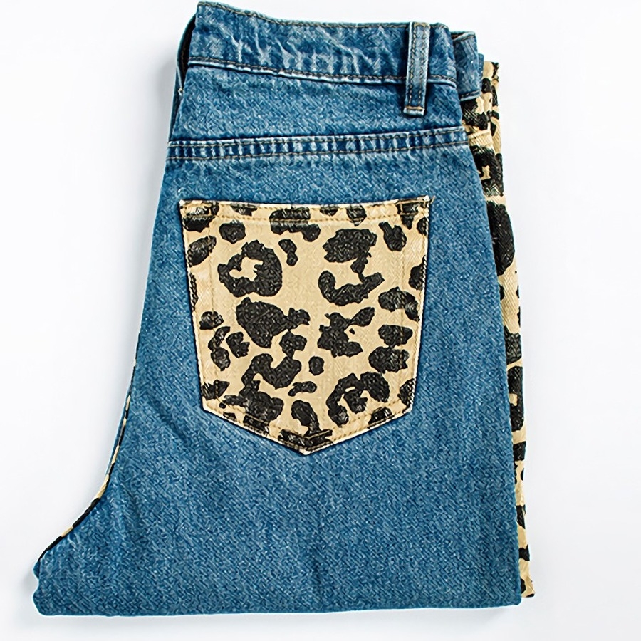 Xs-2Xl Plus Size Spring New Inelastic Contrast Color Spliced Leopard Printing Zip-Up Pocket Button Straight Fashion Denim Jeans