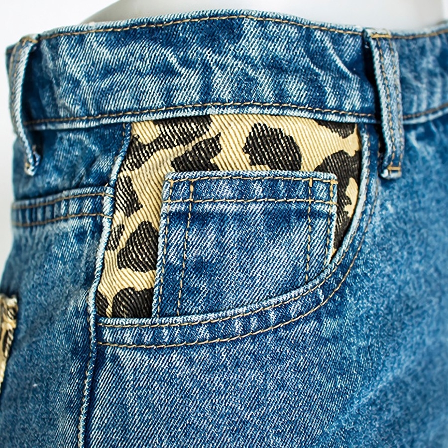 Xs-2Xl Plus Size Spring New Inelastic Contrast Color Spliced Leopard Printing Zip-Up Pocket Button Straight Fashion Denim Jeans