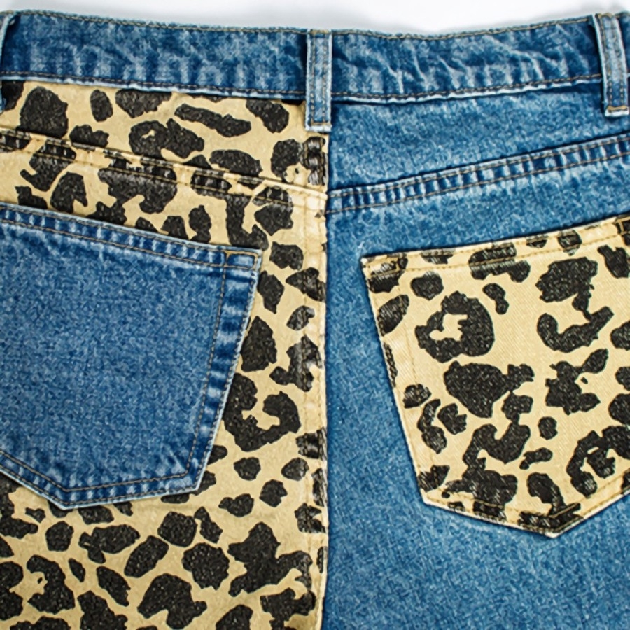 Xs-2Xl Plus Size Spring New Inelastic Contrast Color Spliced Leopard Printing Zip-Up Pocket Button Straight Fashion Denim Jeans