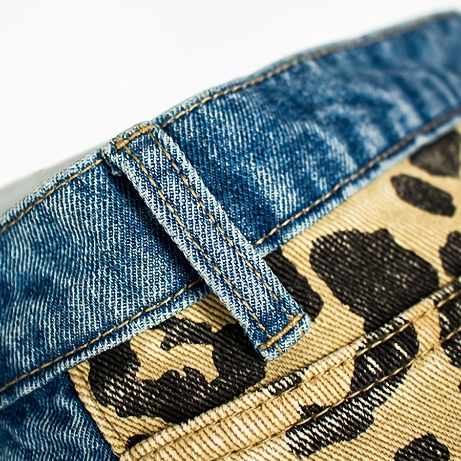 Xs-2Xl Plus Size Spring New Inelastic Contrast Color Spliced Leopard Printing Zip-Up Pocket Button Straight Fashion Denim Jeans