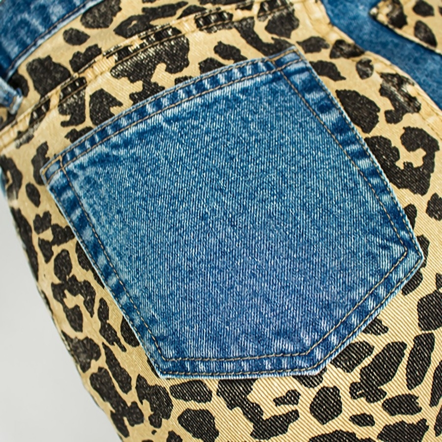 Xs-2Xl Plus Size Spring New Inelastic Contrast Color Spliced Leopard Printing Zip-Up Pocket Button Straight Fashion Denim Jeans