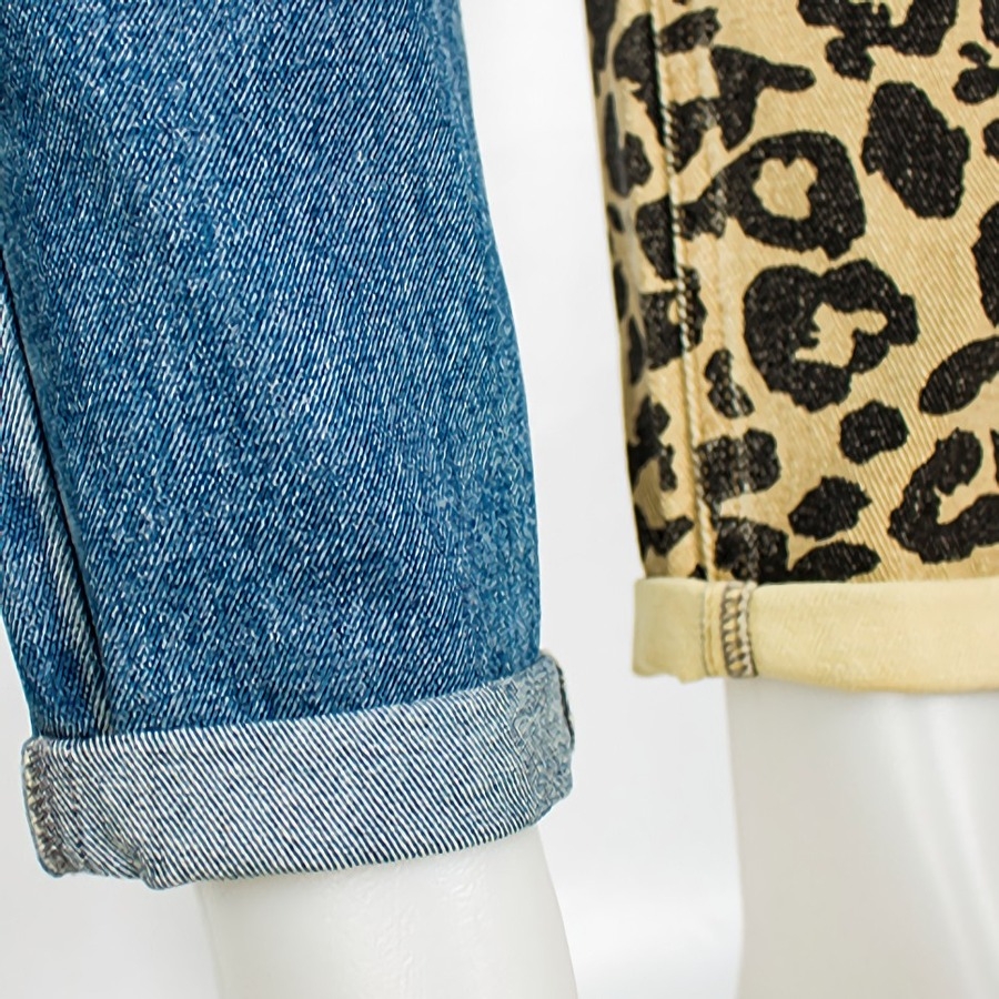Xs-2Xl Plus Size Spring New Inelastic Contrast Color Spliced Leopard Printing Zip-Up Pocket Button Straight Fashion Denim Jeans