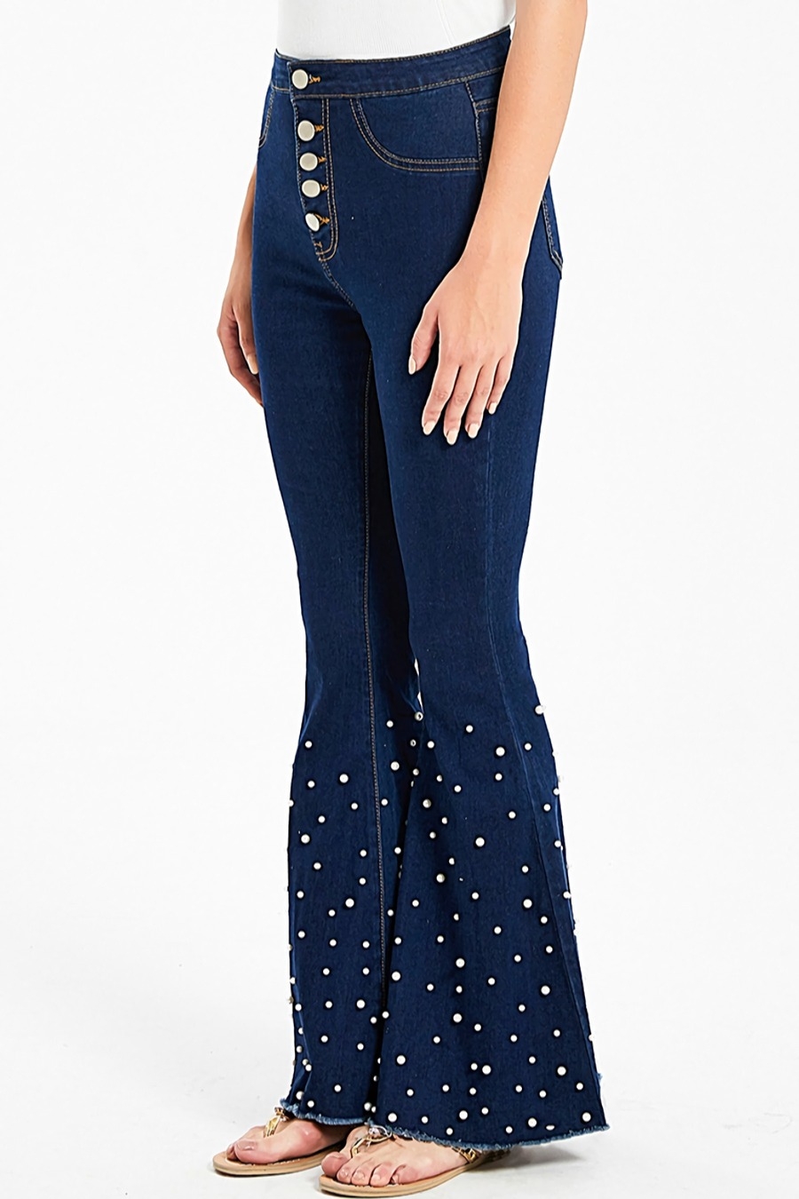 Xs-3Xl Plus Size Spring New Micro Elastic Solid Color Pearl Decor Single-Breasted Pocket Zip-Up Stylish Denim Flared Pants