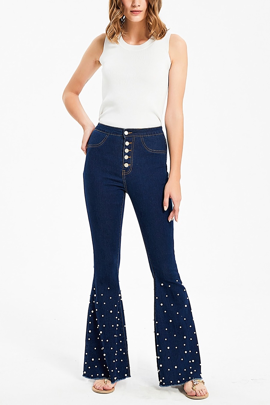 Xs-3Xl Plus Size Spring New Micro Elastic Solid Color Pearl Decor Single-Breasted Pocket Zip-Up Stylish Denim Flared Pants