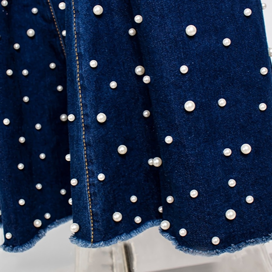 Xs-3Xl Plus Size Spring New Micro Elastic Solid Color Pearl Decor Single-Breasted Pocket Zip-Up Stylish Denim Flared Pants