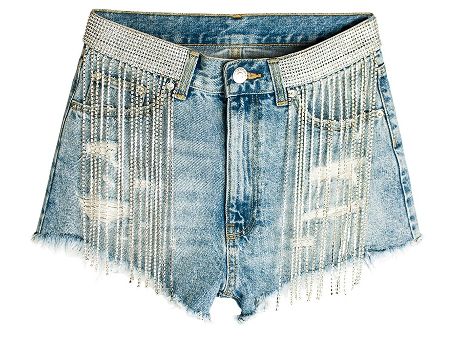 S-3Xl Plus Size Summer New Inelastic Rhinestone Tassel Pocket Zip-Up Button Stylish Denim Shorts