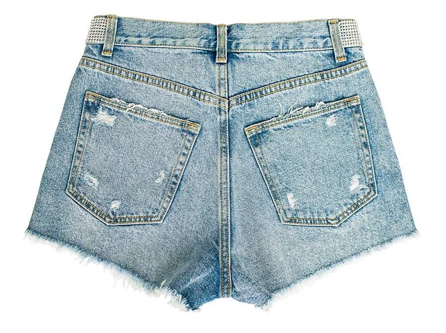 S-3Xl Plus Size Summer New Inelastic Rhinestone Tassel Pocket Zip-Up Button Stylish Denim Shorts