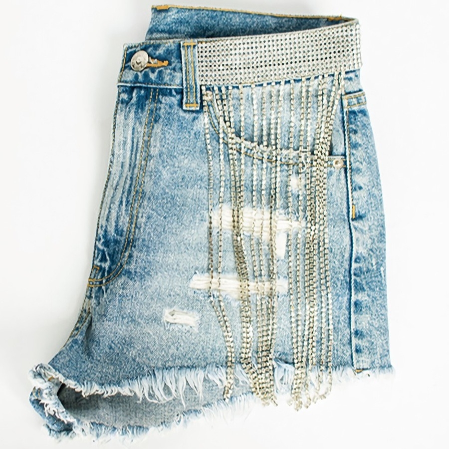 S-3Xl Plus Size Summer New Inelastic Rhinestone Tassel Pocket Zip-Up Button Stylish Denim Shorts