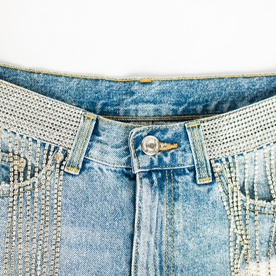 S-3Xl Plus Size Summer New Inelastic Rhinestone Tassel Pocket Zip-Up Button Stylish Denim Shorts